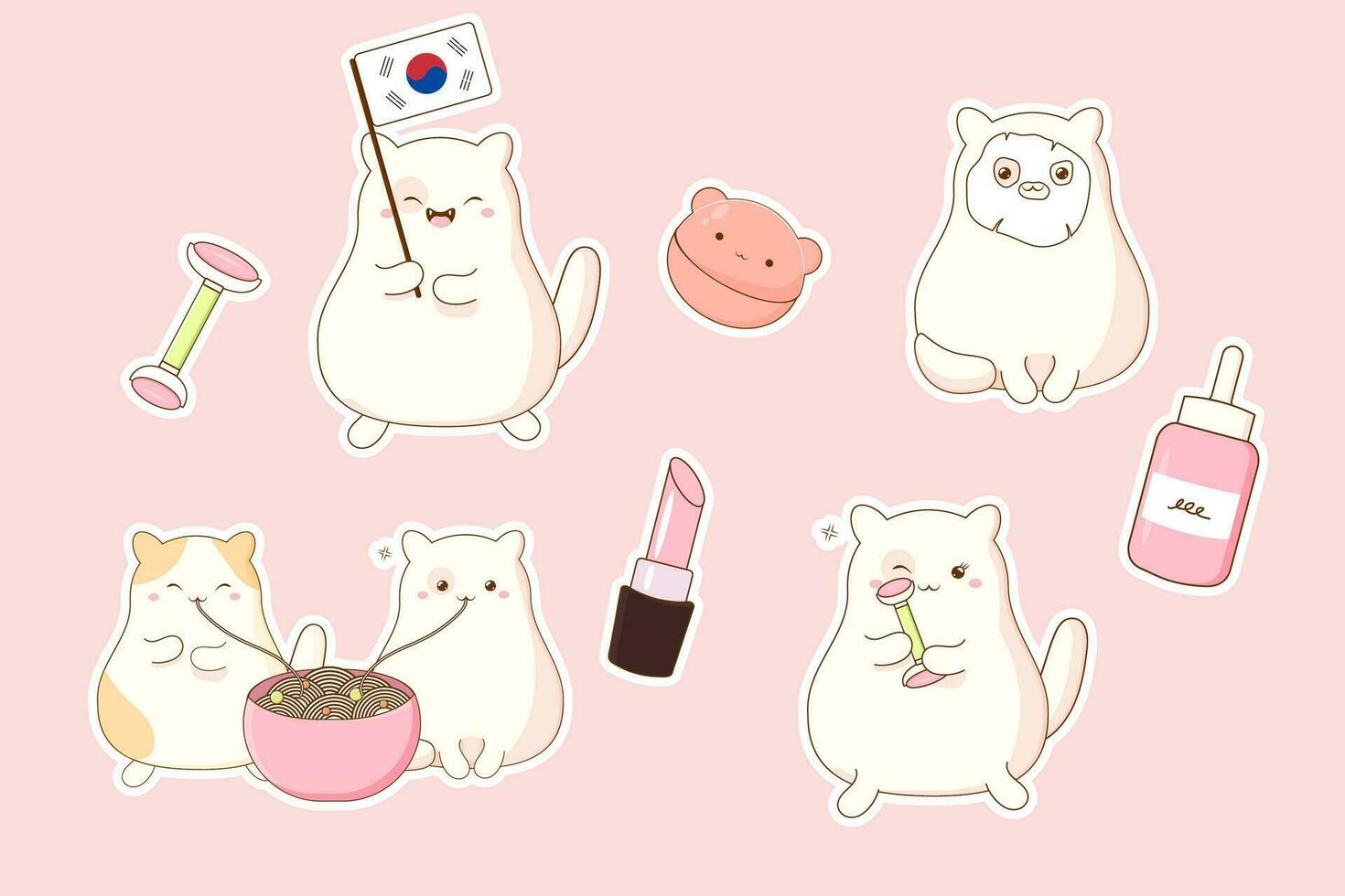 reeks van stickers schattig Koreaans kat en schoonheidsmiddelen vector