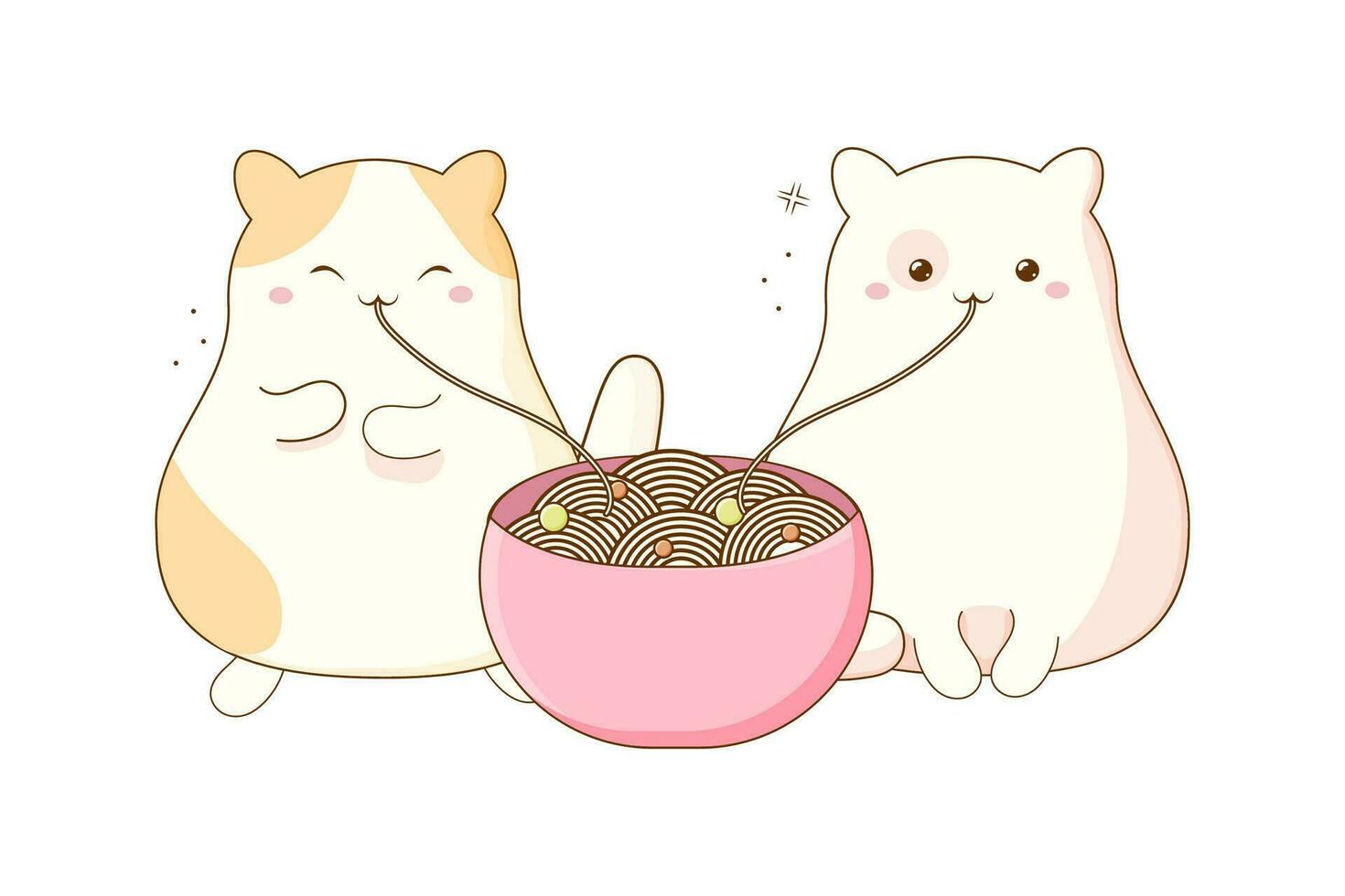 schattig katten aan het eten Chinese Koreaans noedels. vector