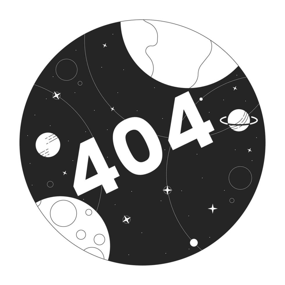 universum met planeten zwart wit fout 404 flash bericht. hemel- lichaam. monochroom leeg staat ui ontwerp. bladzijde niet gevonden pop-up tekenfilm afbeelding. vector vlak schets illustratie concept