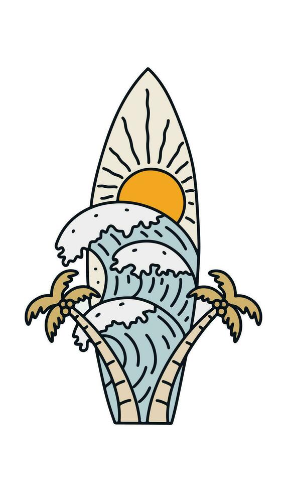 de kokosnoot en de golven gevoel in surfboard vorm geven aan. mono lijn vector kunst. ontwerp voor t overhemd insigne lap vector illustratie