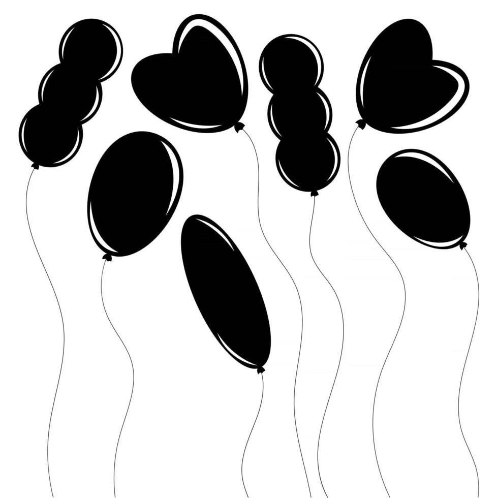 een set van platte zwarte geïsoleerde silhouetten van ballonnen van verschillende vormen op wit. eenvoudige platte vectorillustratie. geschikt voor ontwerp, reclame, vakanties, kaarten. vector