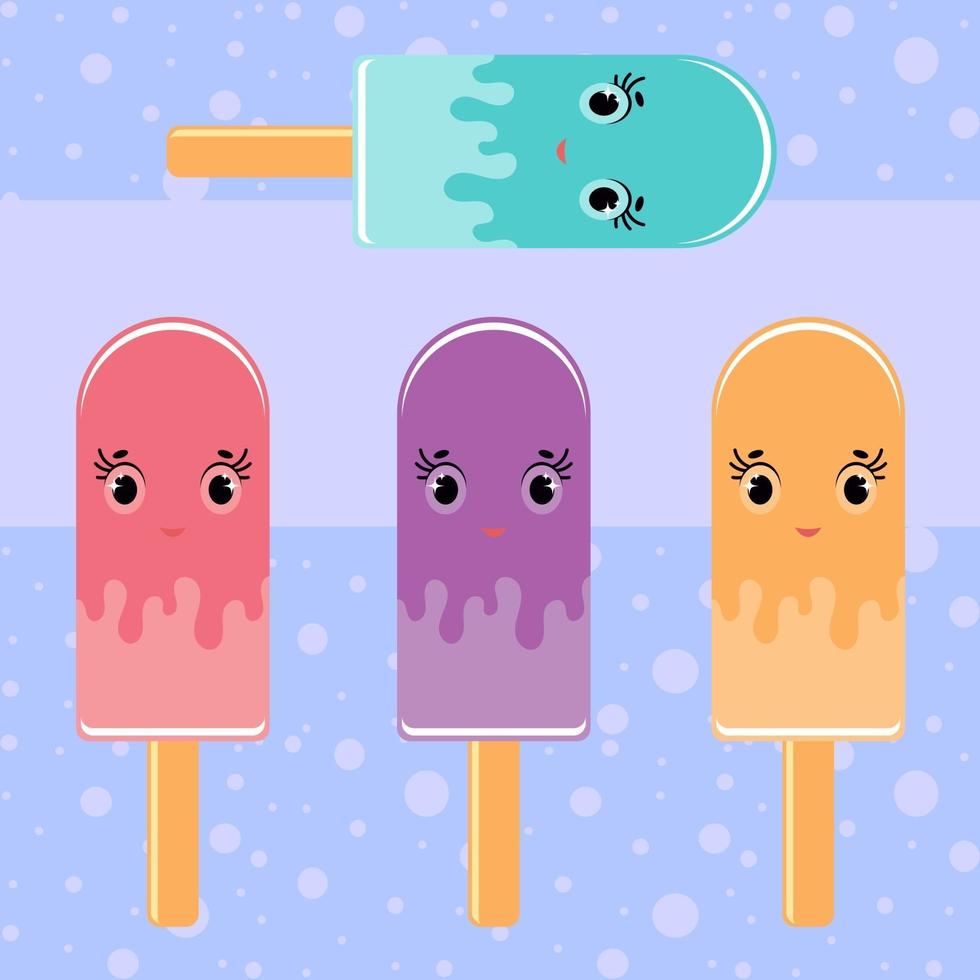 een set van platte gekleurde geïsoleerde cartoon ijs frosted frosting. op een blauwe achtergrond vector