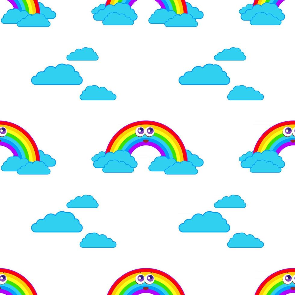 naadloze kleurenpatroon van lachende schattige regenbogen op witte achtergrond met wolken. eenvoudige platte vectorillustratie. geschikt voor behang, stof, inpakpapier, covers. vector