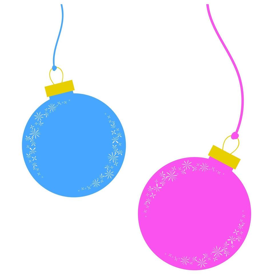 platte gekleurde set geïsoleerd kerstspeelgoed in de vorm van ballen van blauwe en roze kleur op dunne touwen. eenvoudig ontwerp voor ansichtkaarten. vector