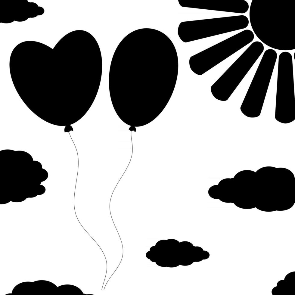 zwarte geïsoleerde silhouetten van ballonnen op een witte achtergrond met wolken en zon. eenvoudige platte vectorillustratie. geschikt voor decoratie van wenskaarten, tijdschriften. vector