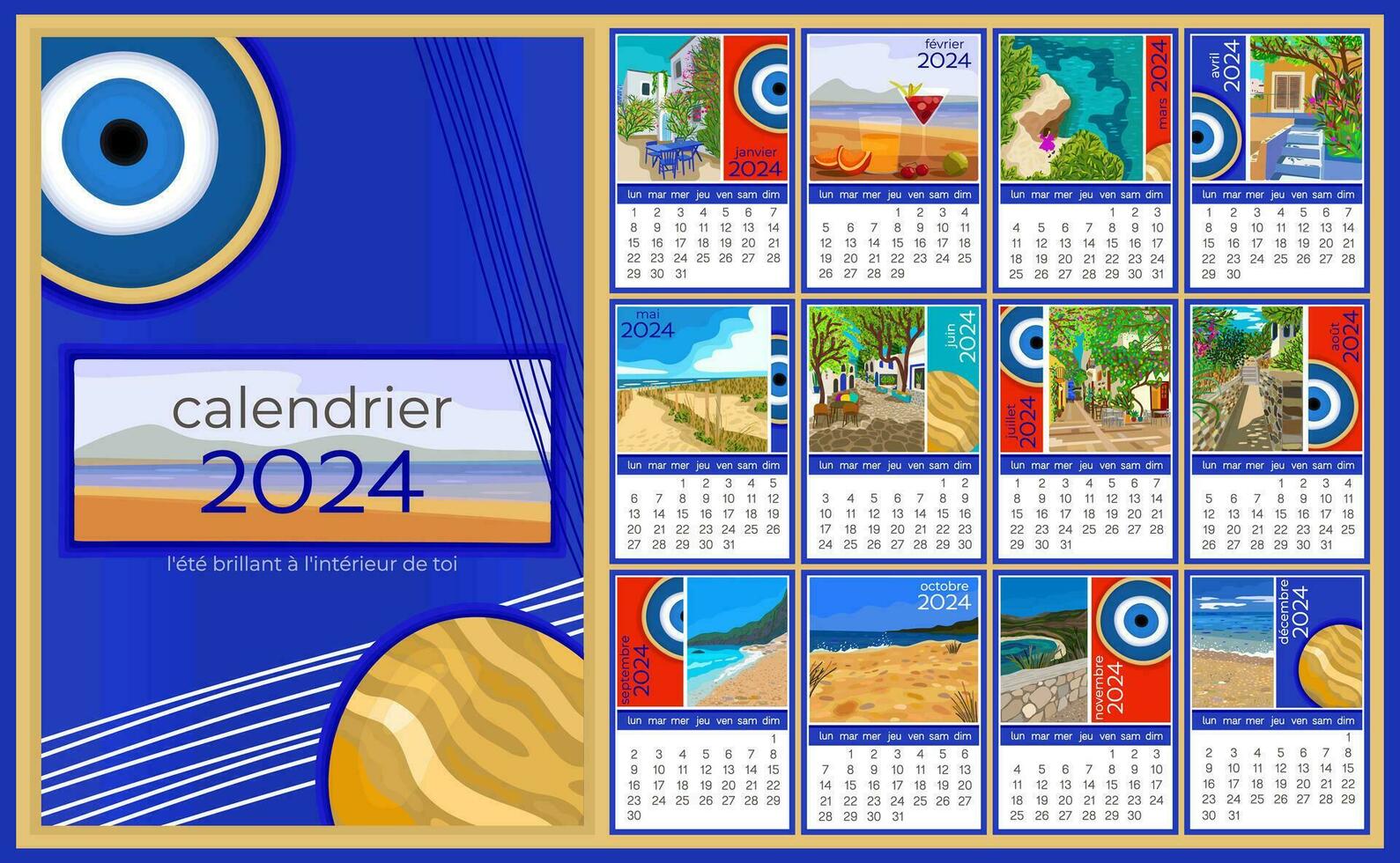kalender 2024 in Frans taal. kleurrijk maandelijks kalender met divers zuidelijk landschappen. vector