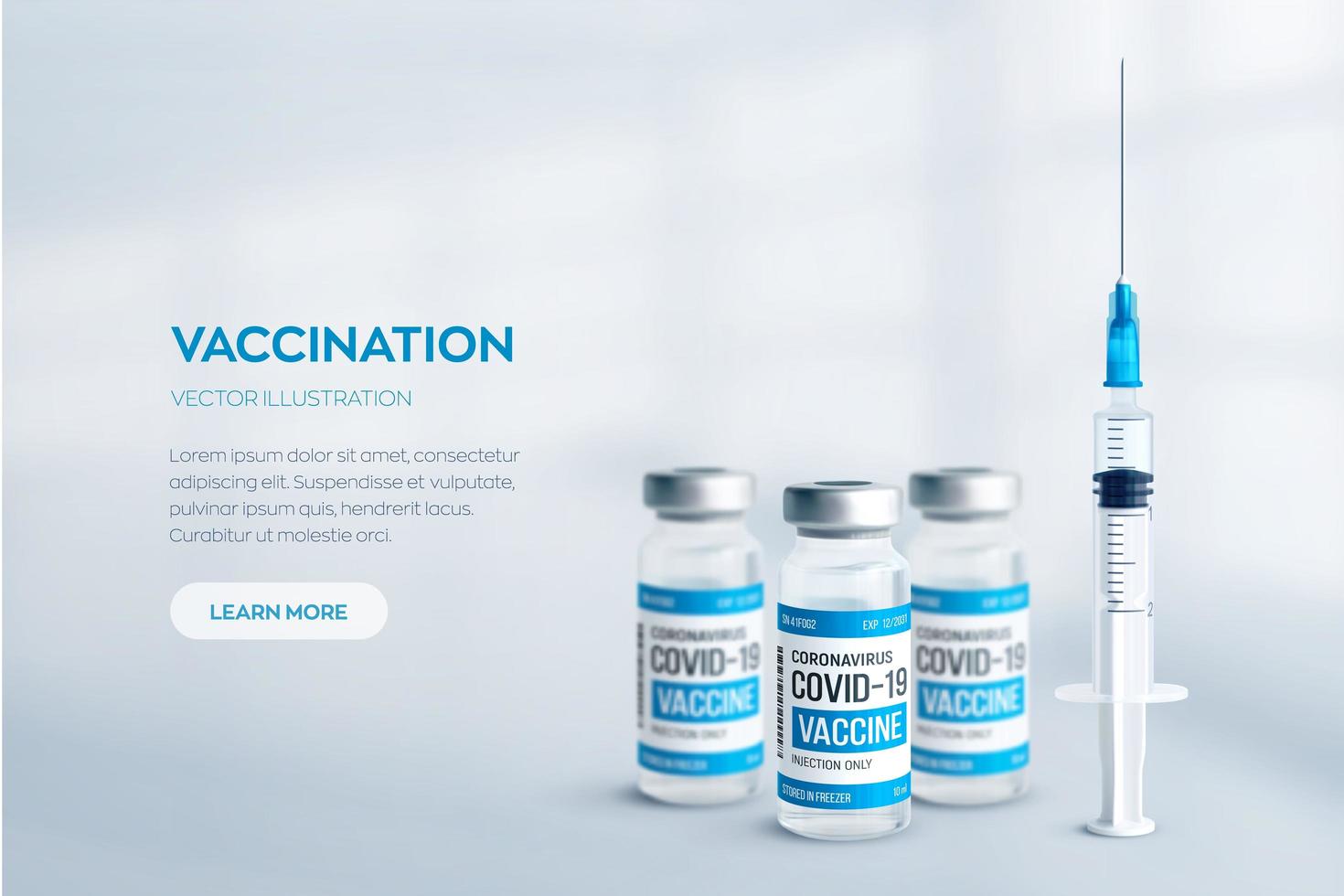 covid-19 coronavirus vaccin concept. realistische medische glazen flesjes met metalen doppen en spuit vector achtergrond met copyspace. vaccinatie tegen 2019-ncov virus. covid19 immunisatie behandeling.
