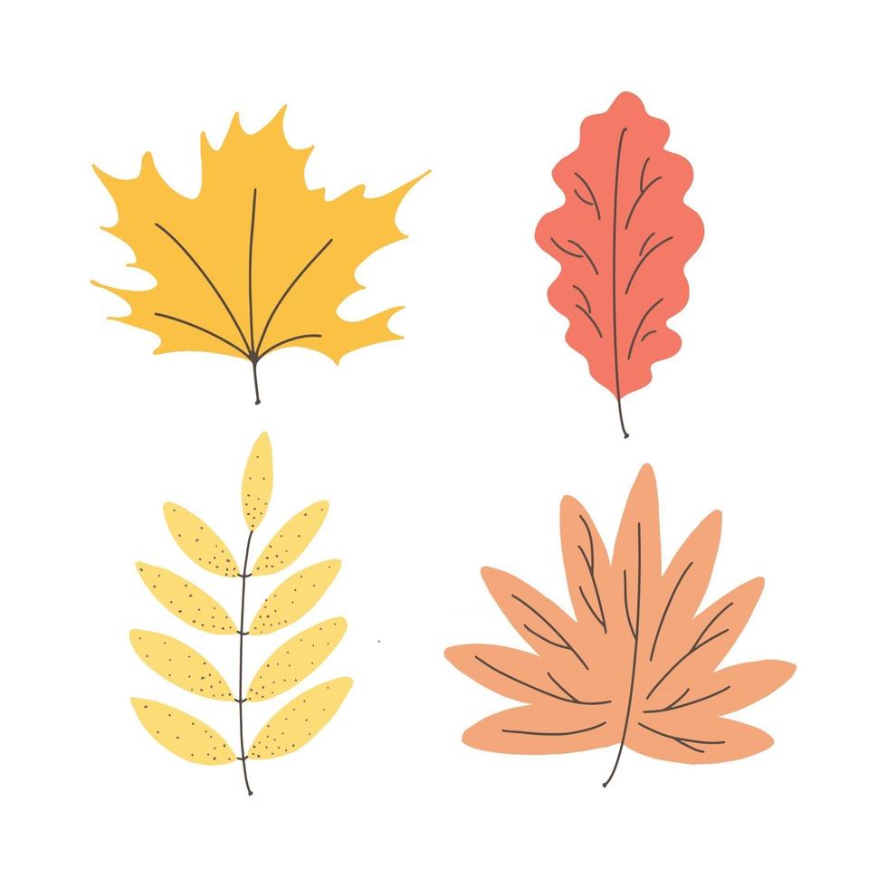 set veelkleurige herfstbladeren geïsoleerd op een witte achtergrond. vectorillustratie in de hand getekende stijl. verzameling eenvoudige doodles in pastelkleuren vector