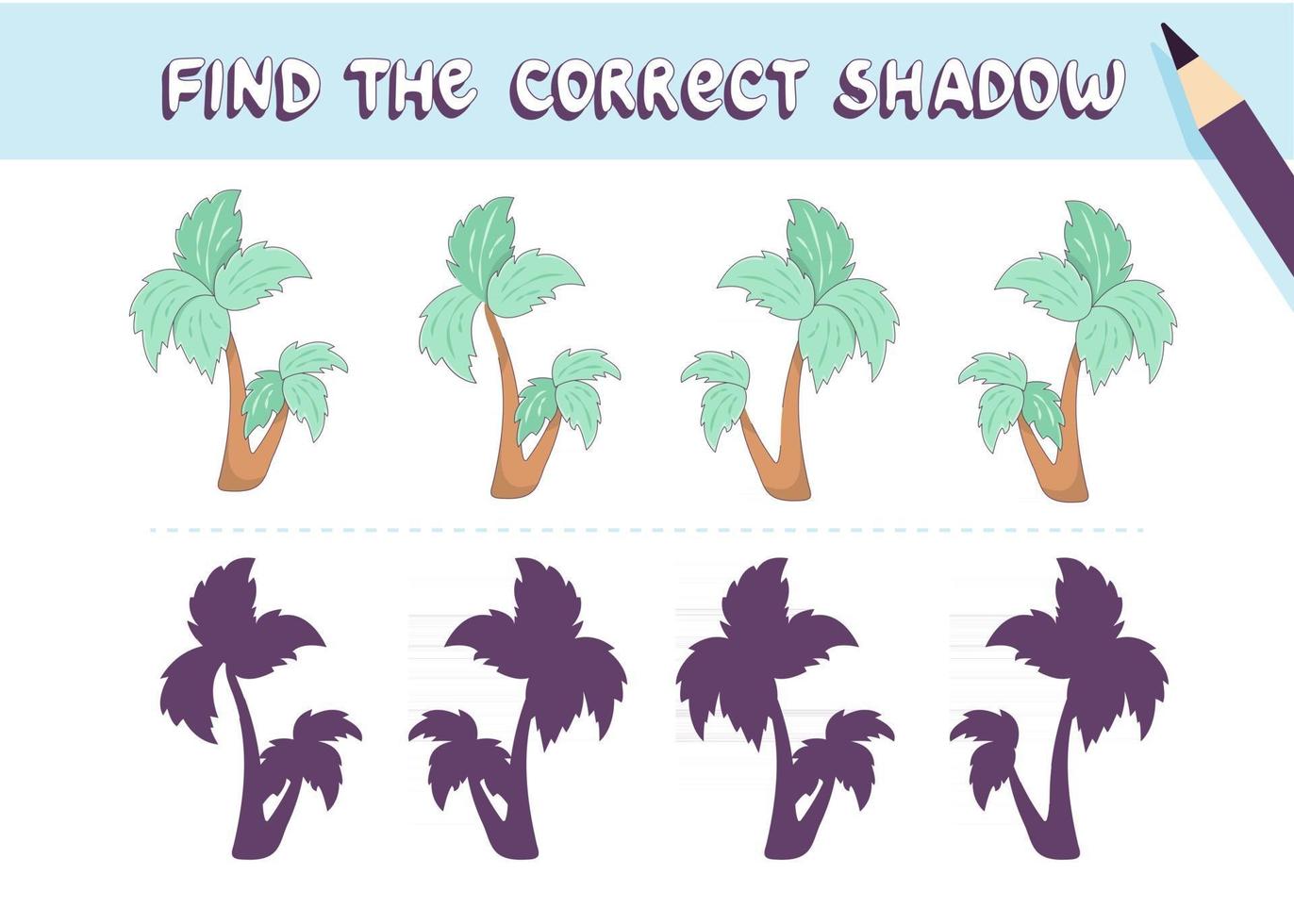 zoek de juiste schaduw. leuke palmboom. educatief spel voor kinderen. verzameling kinderspellen. vectorillustratie in cartoon-stijl vector
