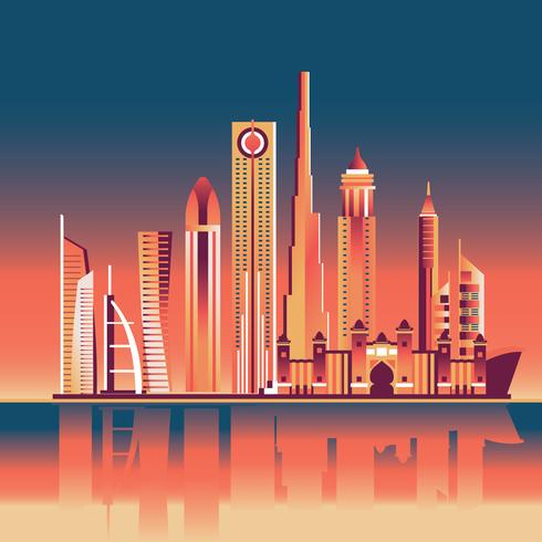 Skyline van Dubai in de schemering en zonsondergang vector