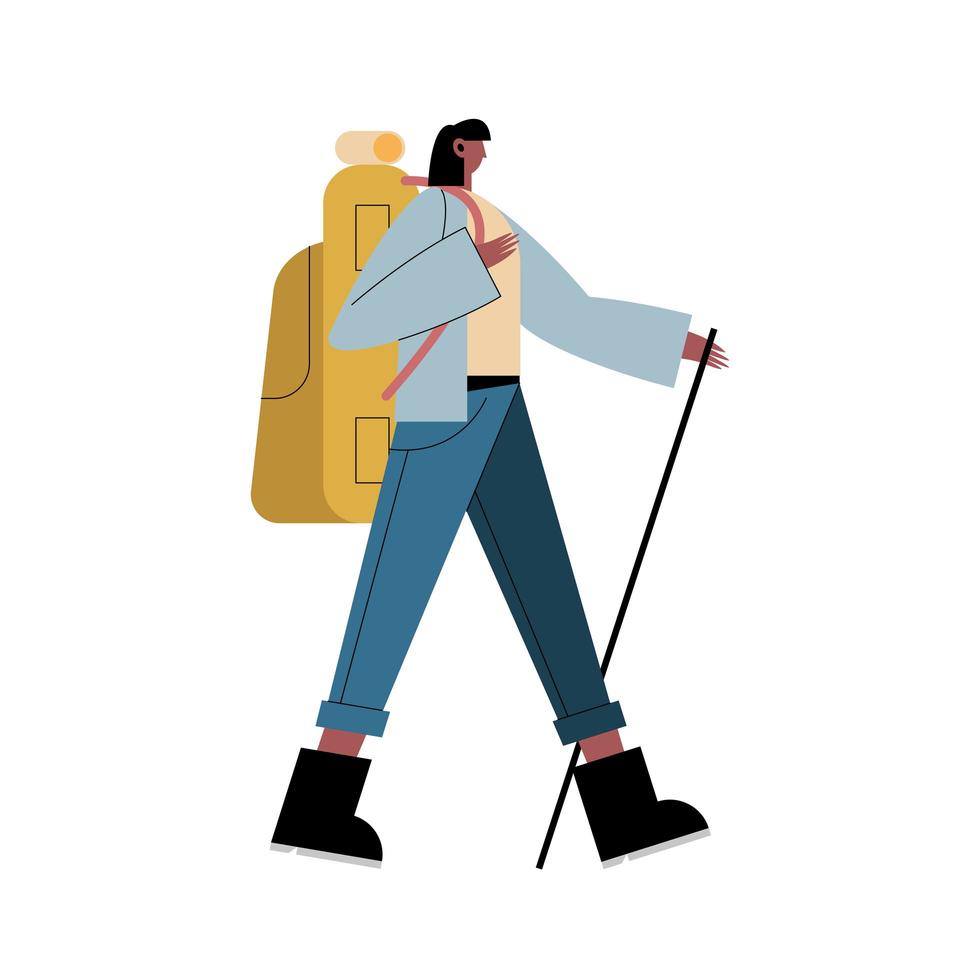 wandelaar vrouw cartoon met tas en stok vector design