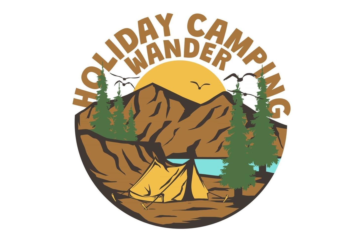 t-shirt vakantie camping natuur bergmeer grenen vintage stijl handgetekend vector