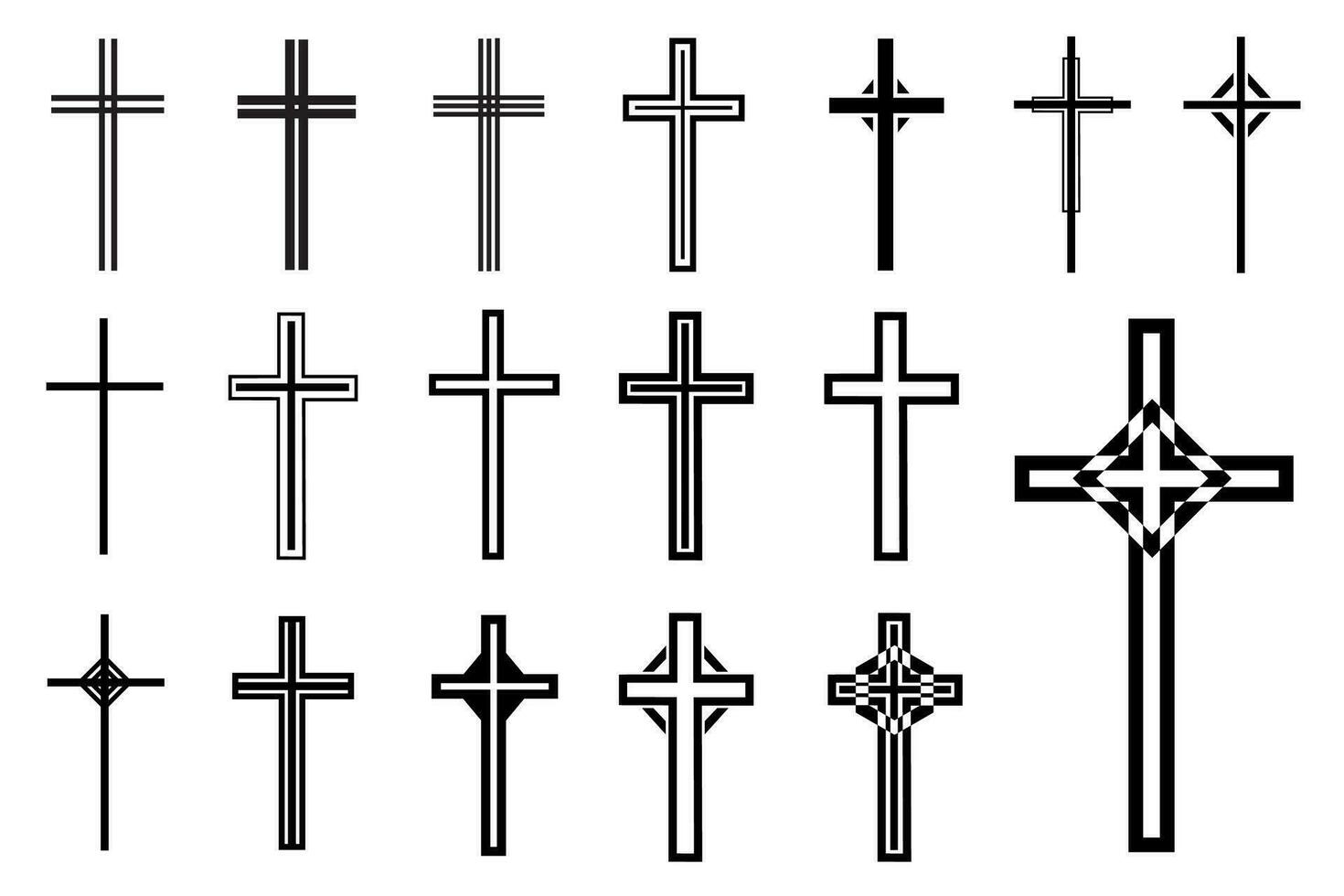 decoratief kruisbeeld religie Katholiek symbool, christen kruisen. orthodox geloof kerk kruis pictogrammen ontwerp, geïsoleerd vlak set. vector illustratie.