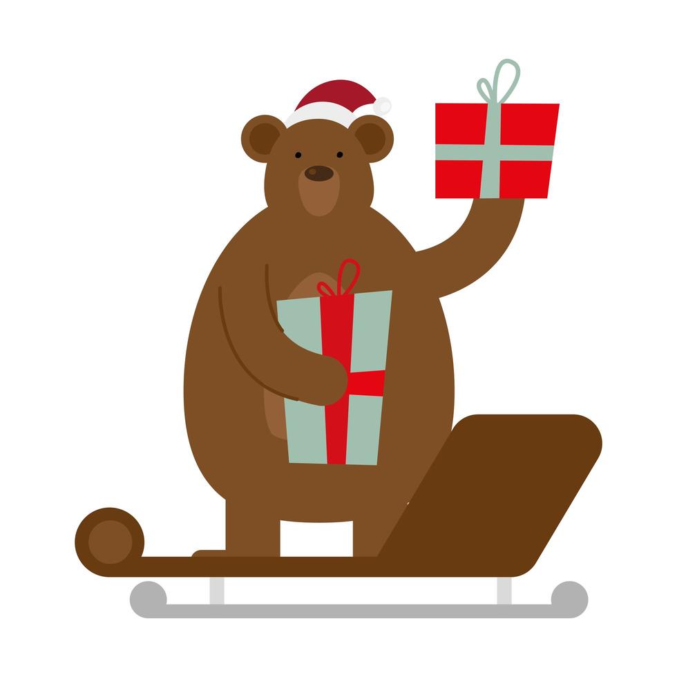 schattige beer met kerstmuts met geschenken en slee vector