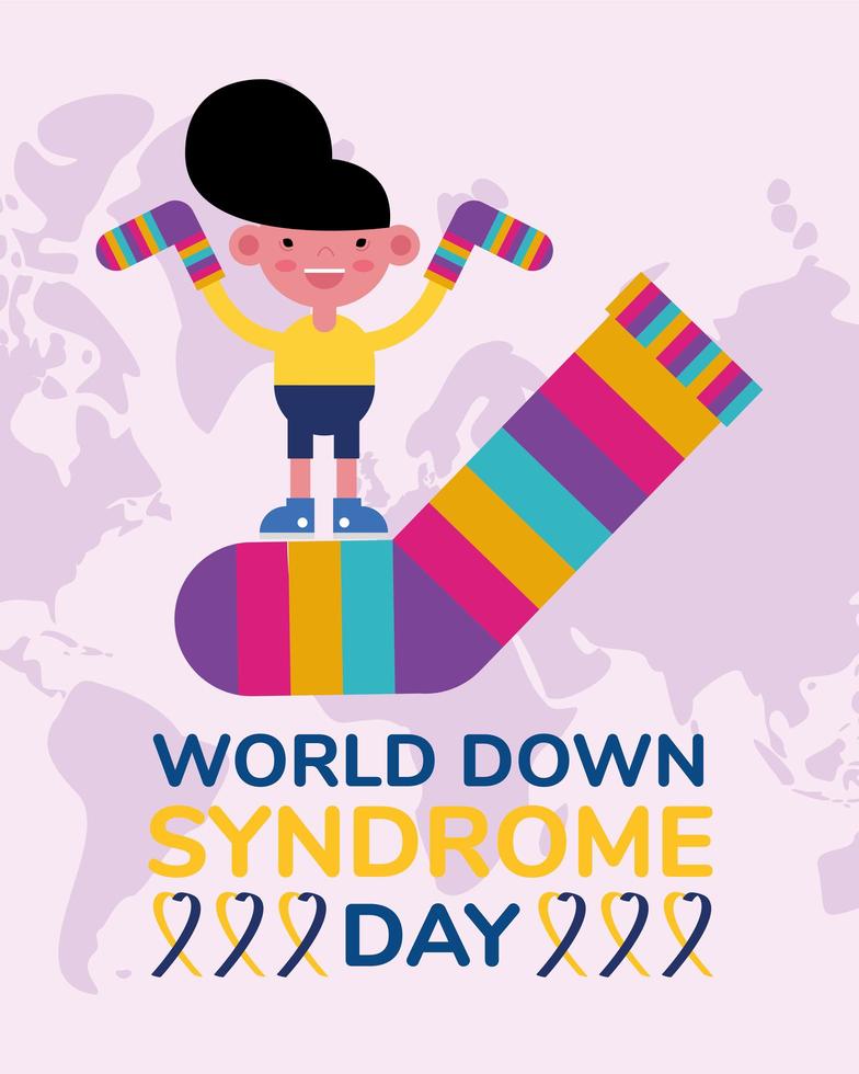 world down sindrome dag campagne poster met kleine jongen en sokken kleuren vector