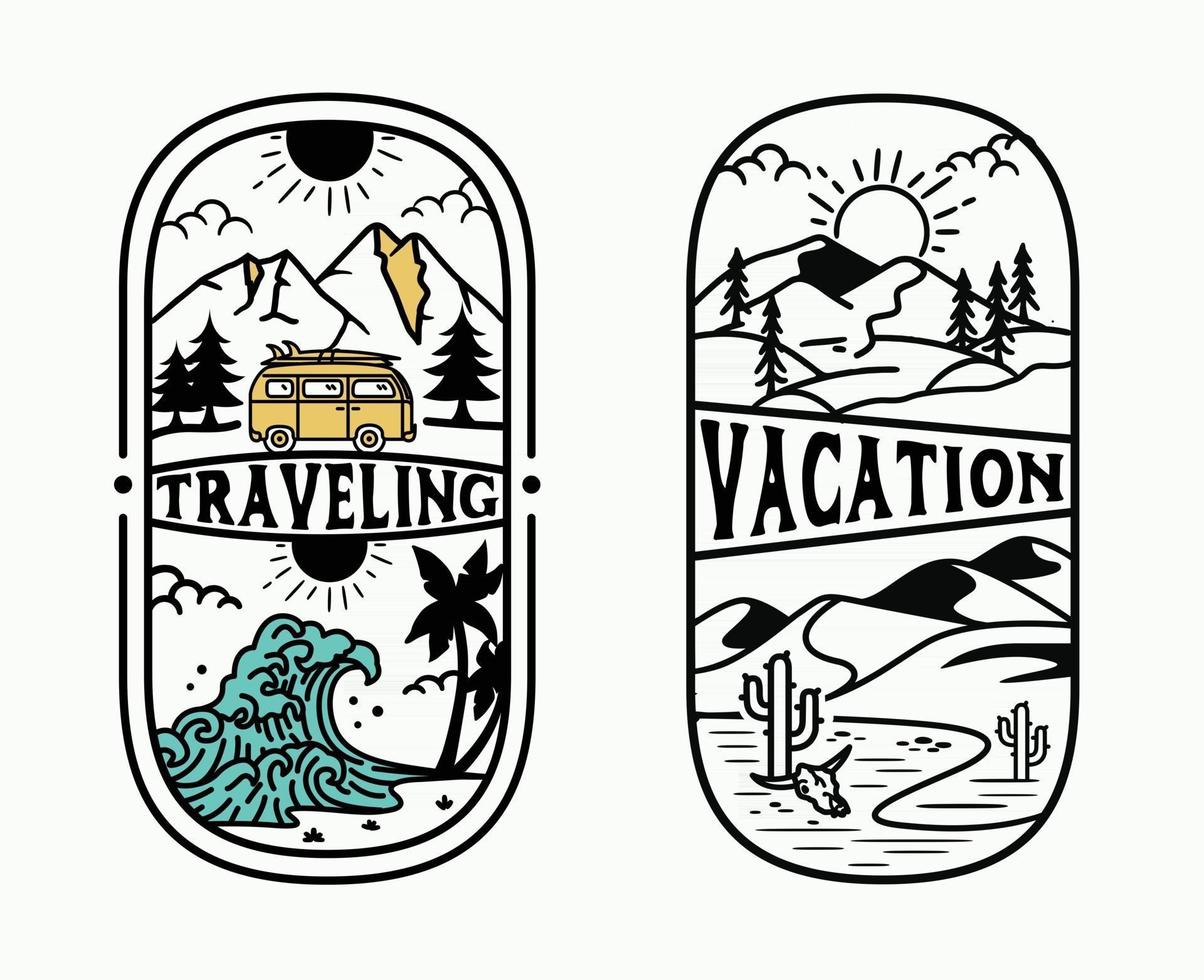 vakantie retro buiten, vintage avontuur set logo sjabloon verkennen van de natuur. vector