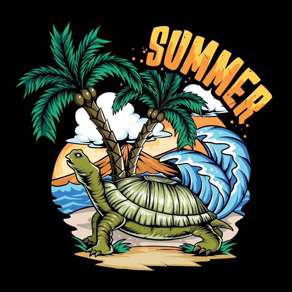 zomerschildpad op strand en kokospalm met surfplank en schemerhemel vector