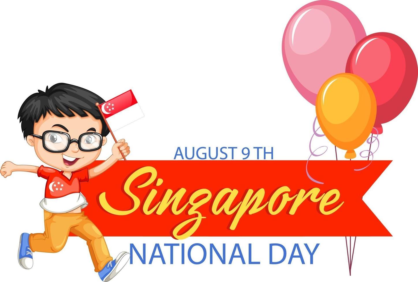 nationale dag van singapore banner met een jongen houdt singapore vlag vast vector