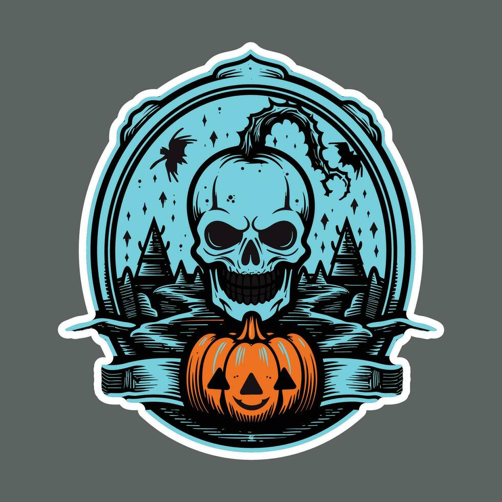 halloween insigne met spookachtig schedel en pompoen vector