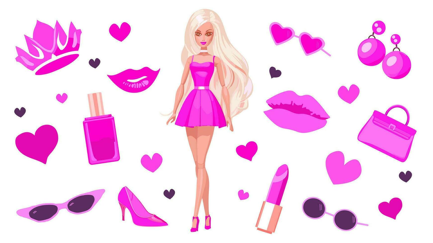 pop glamoureus modieus roze reeks in tekenfilm stijl. schattig blond pop in roze jurk met roze accessoires. papier pop prinses voor kinderen. pop verzameling. geïsoleerd vector