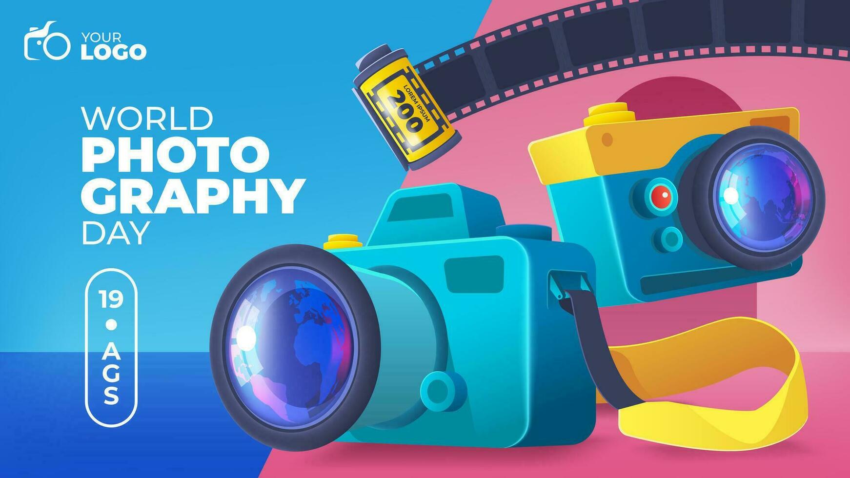 schattig en kleurrijk camera's in wereld fotografie dag illustratie banier vector