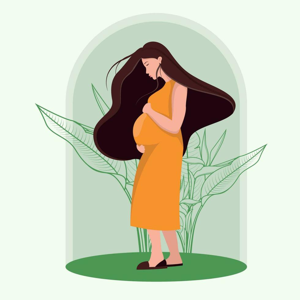 gelukkig zwanger vrouw vlak ontwerp illustratie. prachtig versierd met bladeren. vector zwangerschap ontwerp van een moeder draag- haar kind