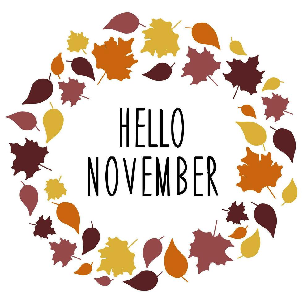 herfst bladeren krans met belettering Hallo november geïsoleerd Aan wit. rood kleuren gebladerte vector ronde kader voor ansichtkaart, decoratie, spandoek. seizoensgebonden illustratie met esdoorn- blad cirkel grens.