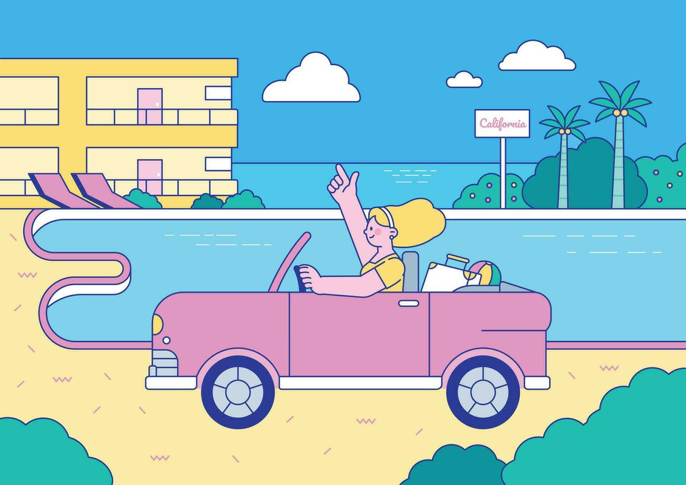 zomer vakantie auto reis. een vrouw in een converteerbaar kwam Aan vakantie naar een hotel met een zwemmen zwembad. vector