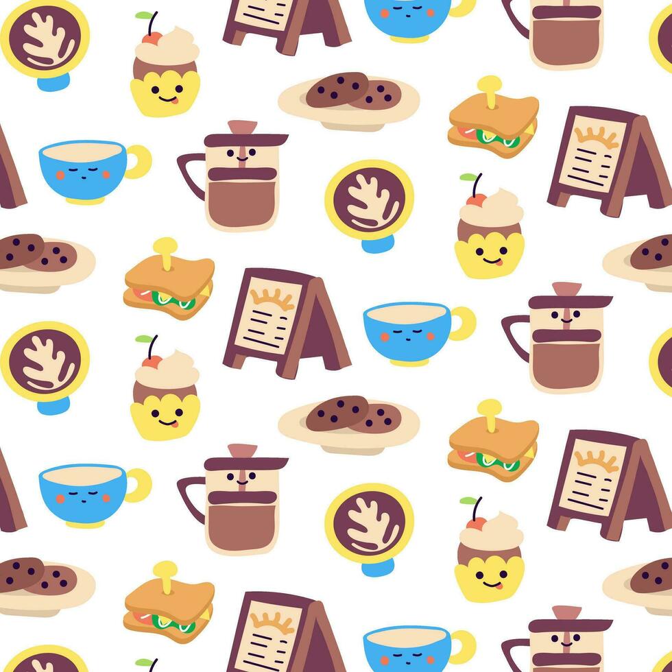 patroon met de thema van ontbijt in een koffie winkel. koffie met schuim in een beker, broodje, koekje, uithangbord, koekjes, theepot, uithangbord met de gerechten van de dag in tekenfilm stijl. naadloos vector