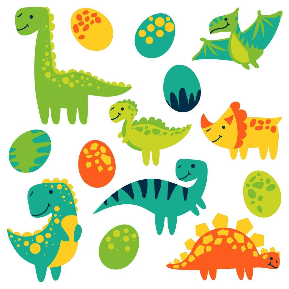 vector tekenfilm illustratie van dinosaurussen en hun eieren van stegosaurus, brachiosaurus, velociraptor, triceratopen, tyrannosaurus, spinosaurus en pterosaurus