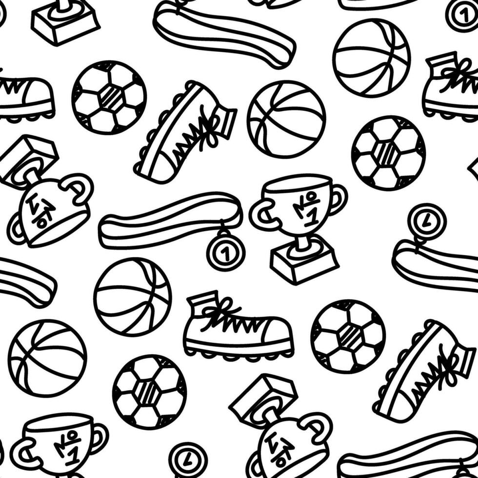 naadloos patroon met hand getekend doodles van sportschoenen, voetbal bal, basketbal, beker, medaille. sport- spellen en overwinningen. sport- onderwerpen. zwart en wit vector illustratie Aan een wit achtergrond