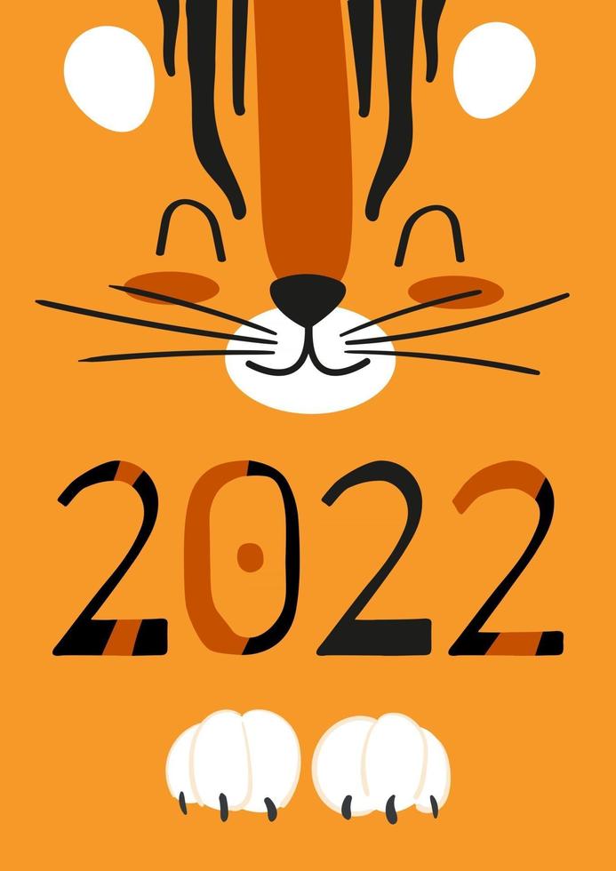 schattige cartoon tijger gezicht en gestreepte nummers 2022. vector kinder illustratie voor een poster, briefkaart of kalender cover met een roofdier op een oranje achtergrond