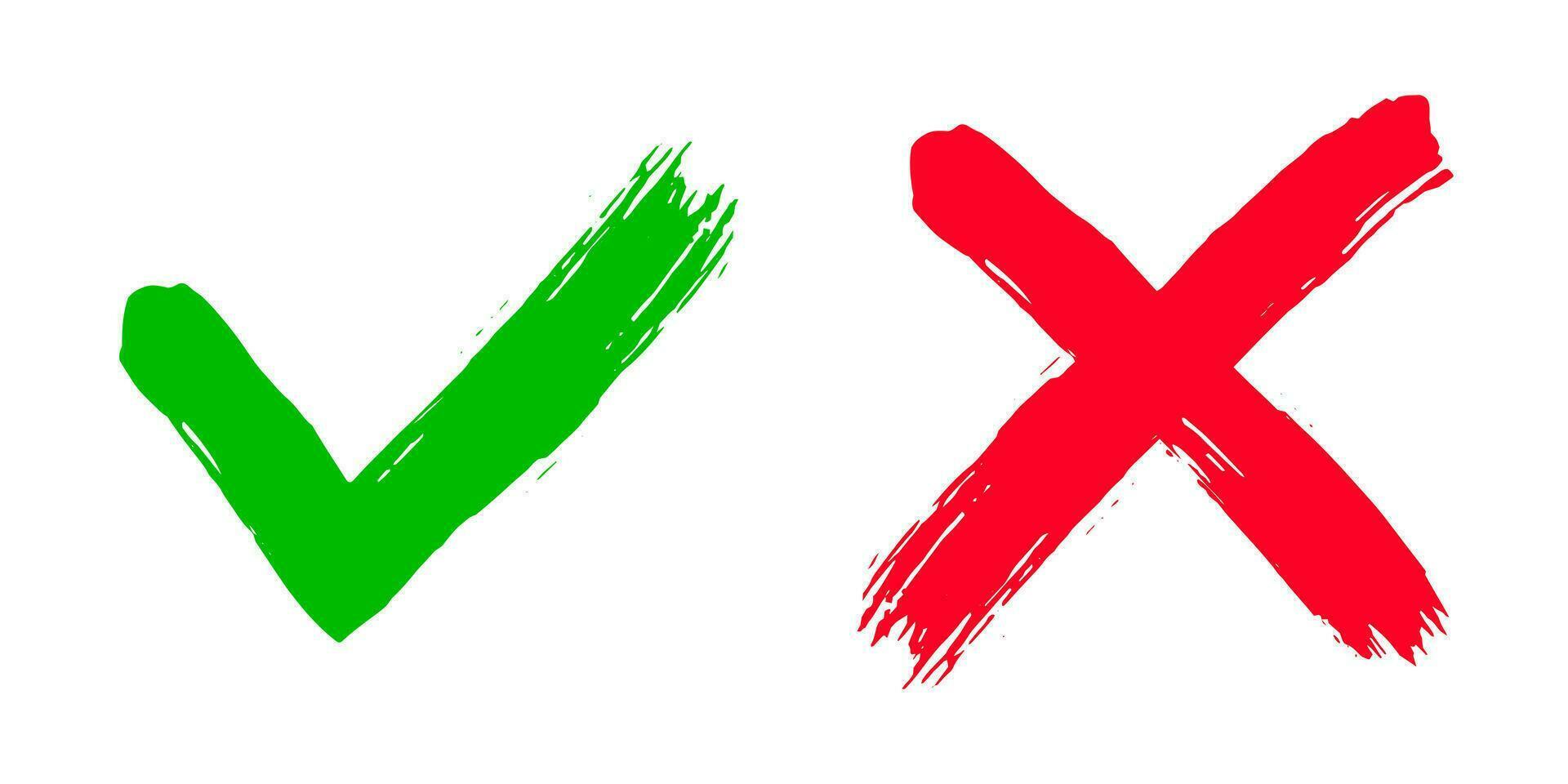 twee vuil grunge hand- getrokken met borstel beroertes kruis X en Kruis aan v controleren merken vector illustratie.