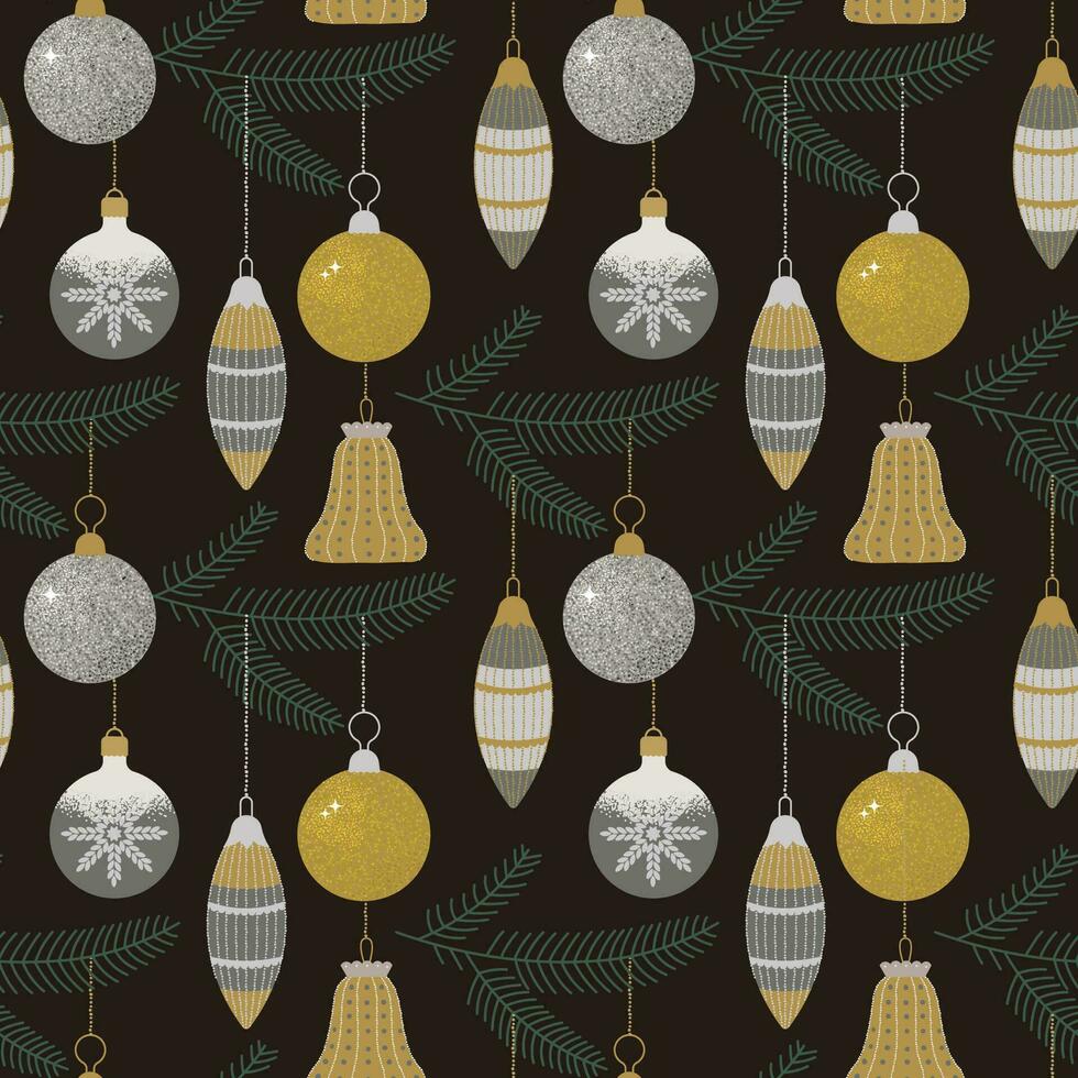 Kerstmis naadloos patroon met decoratief glas ballen Aan een snaar. vector illustratie in wijnoogst stijl