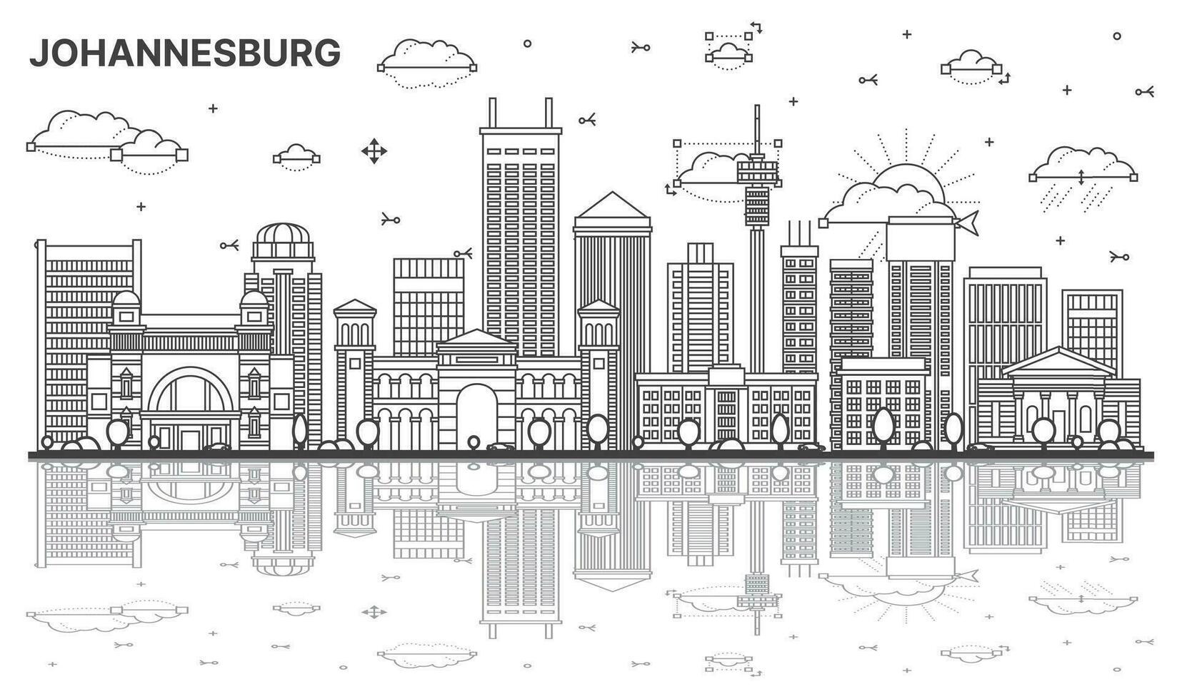 schets Johannesburg zuiden Afrika stad horizon met modern gebouwen en reflecties geïsoleerd Aan wit. vector