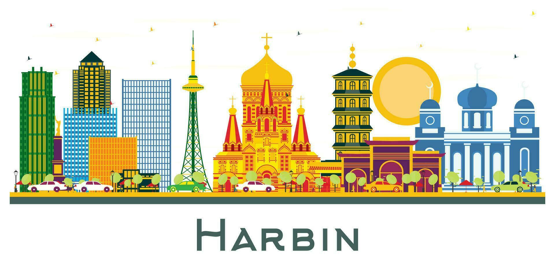 harbin China stad horizon met kleur gebouwen geïsoleerd Aan wit. vector