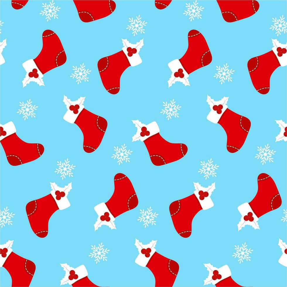 naadloos patroon met rood sokken, hulst BES en zeugvlokken Aan blauw achtergrond. vector patroon voor kerstmis, nieuw jaar dag, winter vakantie. achtergrond voor geschenk omhulsel papier, textiel