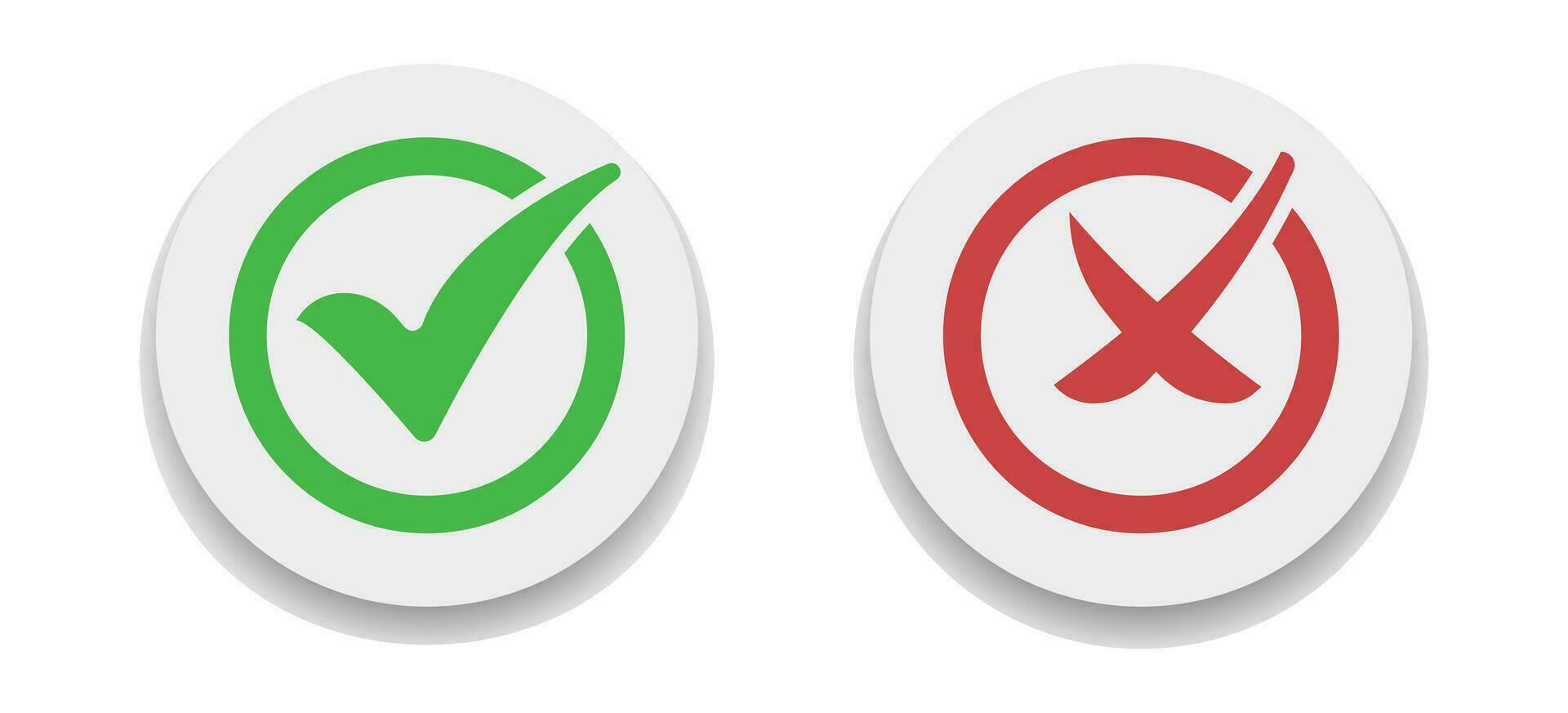 controleren Mark doos icoon, groen Ja en rood Nee teken, vinkje correct en mis reeks symbool, controleren Mark stickers set, kruis, goedgekeurd knop en afwijzen knop, reeks van glanzend knop vector illustratie