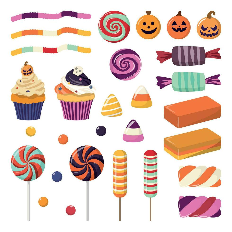 verzameling van halloween snoepjes, cupcakes, en lolly. traditioneel halloween behandelt. vector illustratie. geïsoleerd Aan wit achtergrond. vector illustratie.