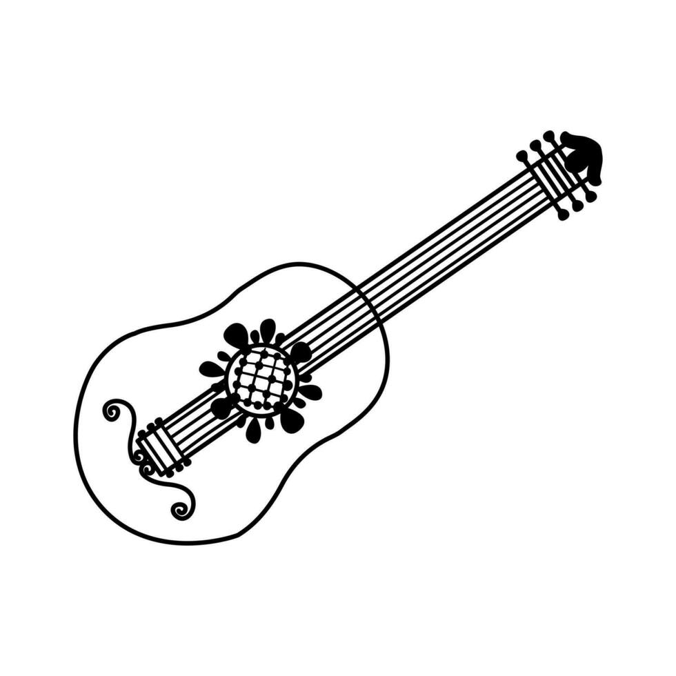 hand- getrokken gemakkelijk tekening gitaar met Mexicaans traditioneel bloemen decoraties. geïsoleerd Aan wit achtergrond. vector