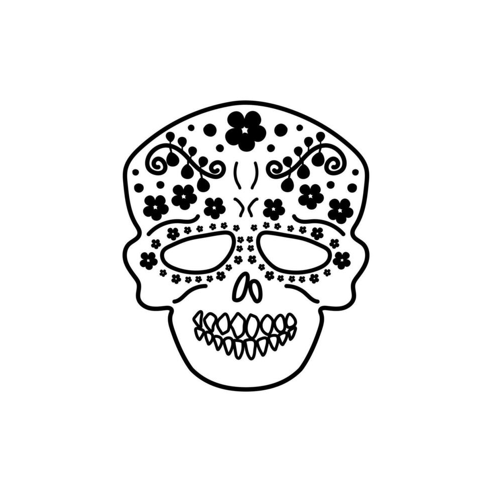 hand- getrokken gemakkelijk tekening suiker schedel met bloemen ornament. dag van de dood symbolen clip art. geïsoleerd Aan wit achtergrond. vector