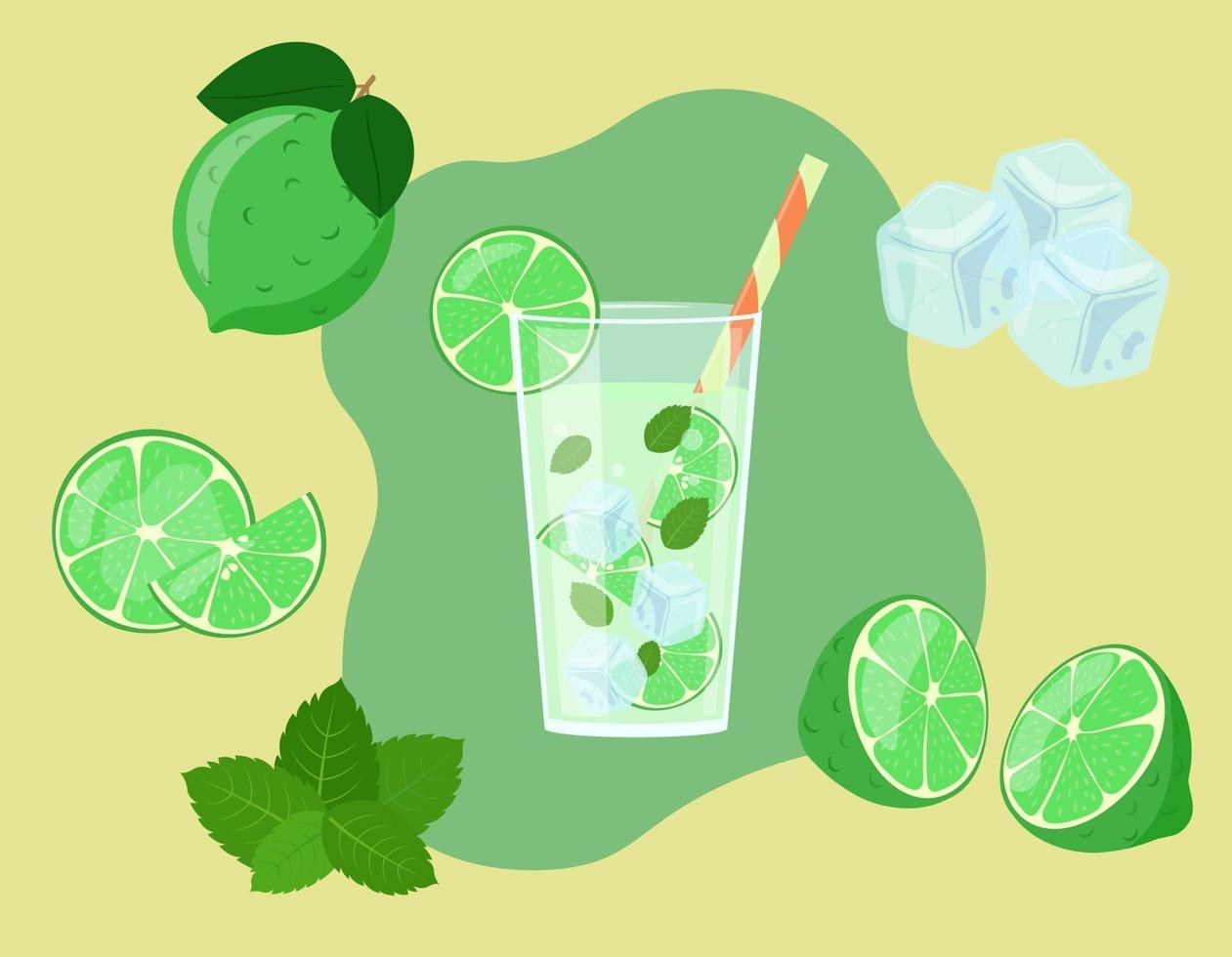 mojito in geïsoleerd glas. limoenschijfjes in snede. ingrediënten van een frisse zomerdrank. vector illustratie