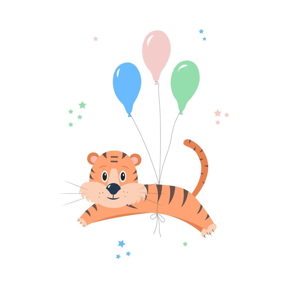 schattige tijger vliegt met kleurrijke ballonnen. kwekerij concept vectorillustratie in vlakke stijl. perfect voor poster, behang, wenskaart of print. vector