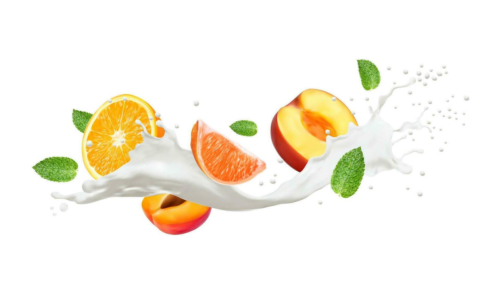 realistisch melk drinken Golf plons met fruit vector