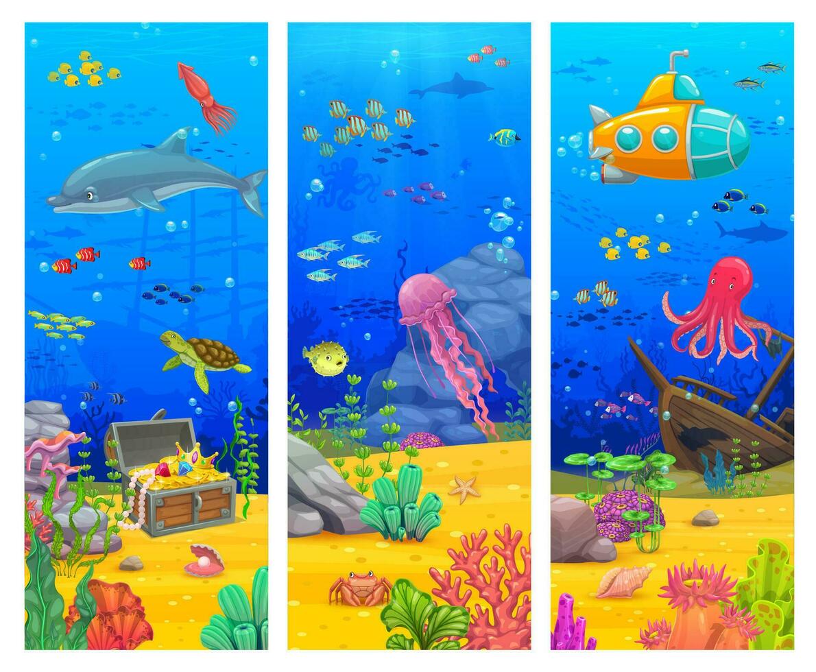 tekenfilm onderwater- landschap spandoeken, onderzees vector