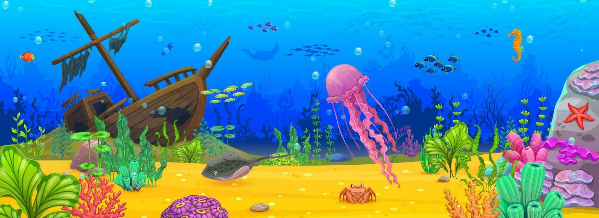tekenfilm onderwater- landschap met gezonken schip vector