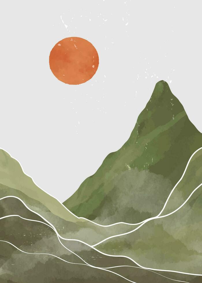 berg landschap illustratie. midden eeuw modern kunst afdrukken. abstract hedendaags esthetisch achtergronden landschappen met bergen, zon en heuvels vector