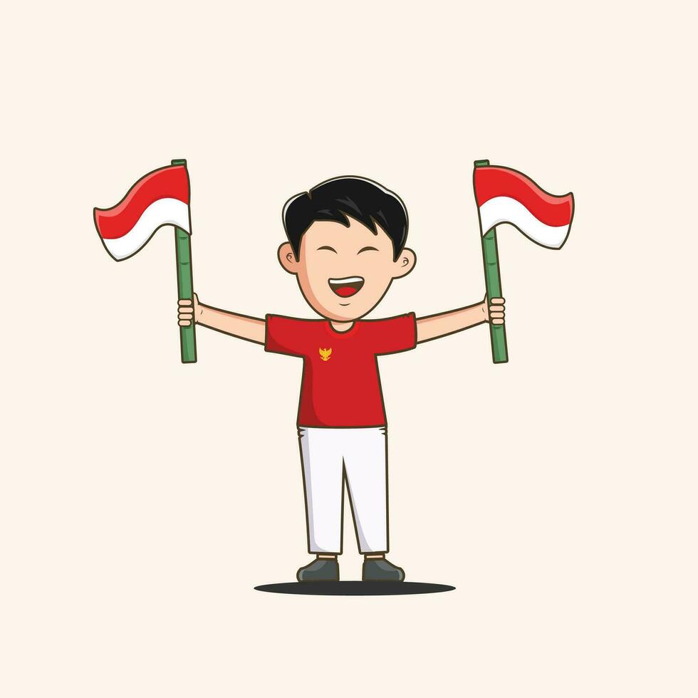 een tekenfilm jongen Holding een vlag van Indonesië vector