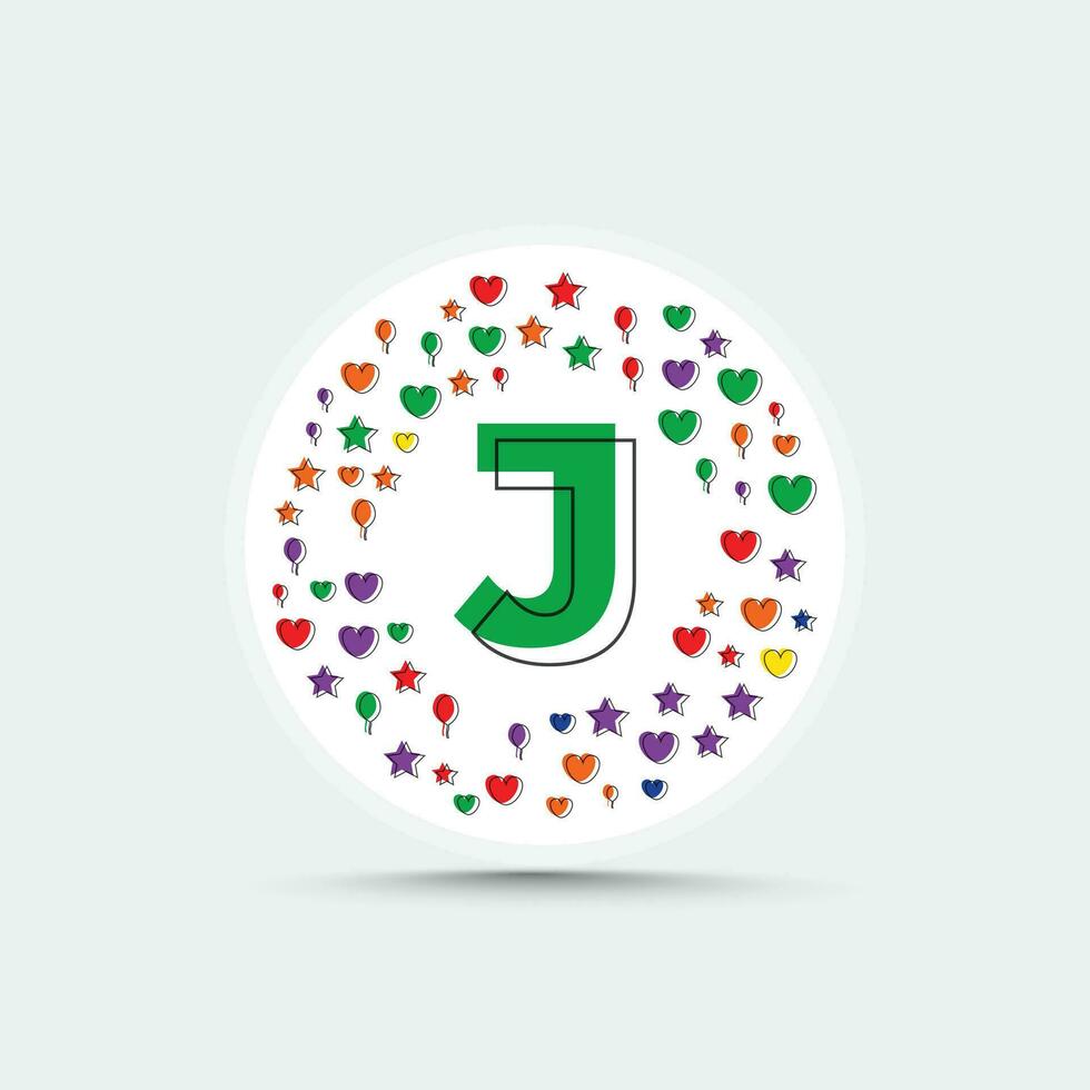 brief j logo ontwerp sjabloon met kleurrijk liefde hart ster en ballon vector