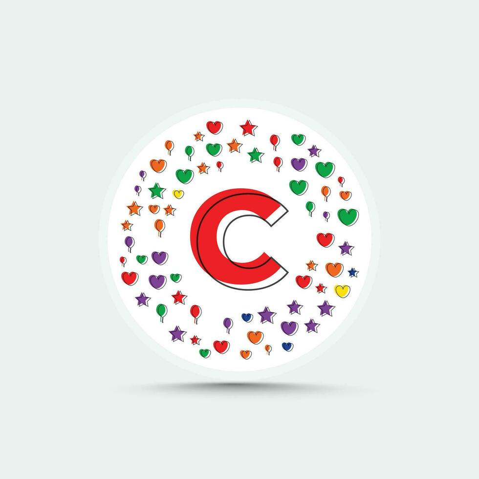 brief c logo ontwerp sjabloon met kleurrijk liefde hart ster en ballon vector